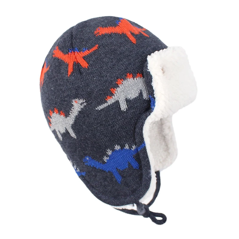 Шапка-бомбер зимняя вязаная шапочка для мальчиков детский осенний наушник с динозавром, милый теплый лыжный хлопковый флисовый уличный аксессуар для малышей