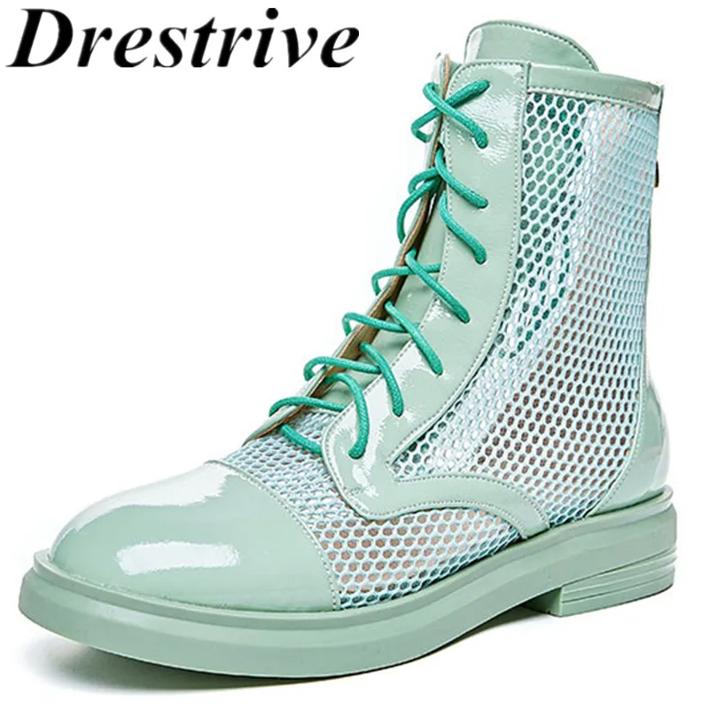 Drestrive Women's Ankle Boots Patent Leather Mesh Cross Tied Low Heels 2020 Summer Girls Casual Shoes Round Toe Black Zipper | Обувь