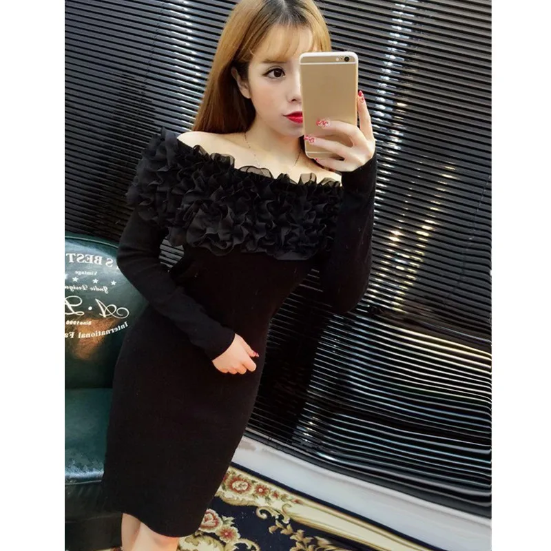 Knitted-dress-women-2018-spring-autumn-cute-solid-color-ladies-ruffle-off-shoulder-sweater-black-dress (1)