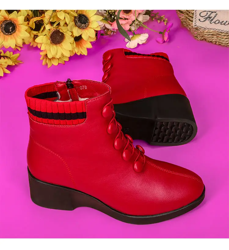 Knöpfe rote Keil Socken Stiefel für Frauen Winter Fell gefüttert Kunstleder Schuhe weibliche Stiefeletten Damen Stiefeletten Frau Plattform Stiefel – Detail 13