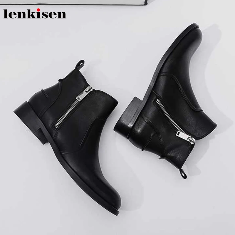 Lenkisen/популярные мотоциклетные ботинки из натуральной кожи на среднем каблуке с круглым носком; красивые зимние теплые женские ботильоны черного цвета; L7f6