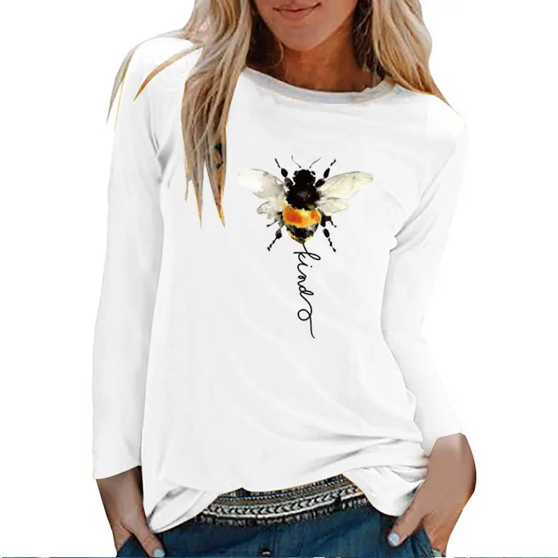

Bee Kind Printed Long Sleeve T-shirts Women Autumn Winter 2020 Woman Tshirts Cotton Graphic Tees Streetwear White Crew Neck Tops