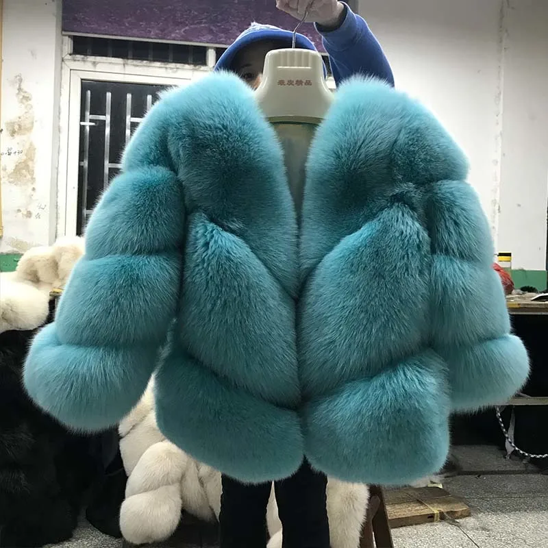 BFFUR, женская шуба из натурального Лисьего меха, натуральный мех, пальто для женщин, натуральная кожа, натуральный Лисий мех, куртки для русской зимы, теплые пальто - Цвет: Blue