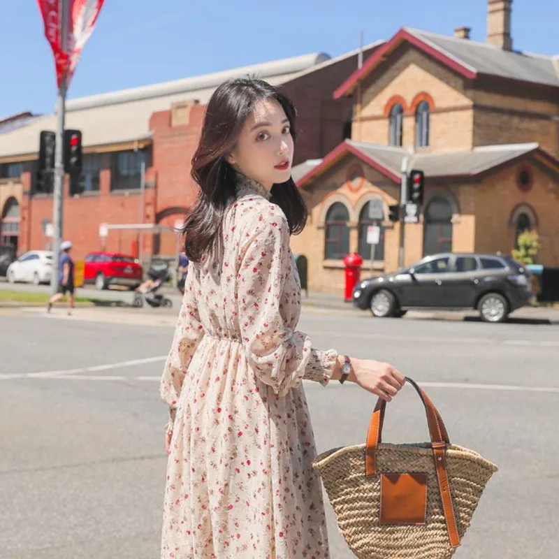 

Photo Shoot INS Gentle Style Floral Chiffon Big Hemline A- line Skirt Women's Elegant Stand Collar Long Sleeve Waist Hugging Sli