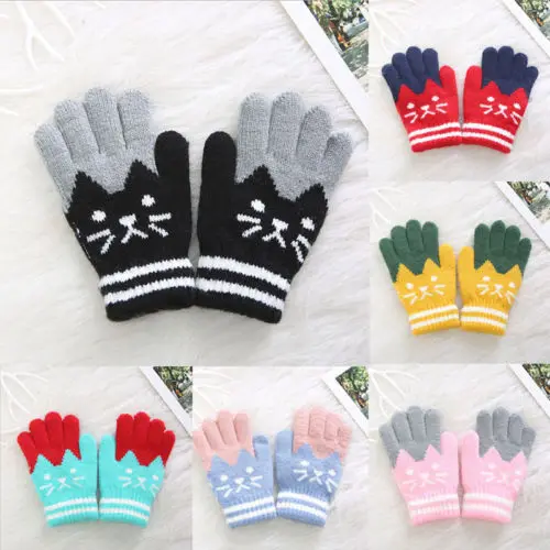 4-8Y New Child Kids Baby Girls Boys Winter Knitted Gloves Cartoon Warm Mittens Toddlers Outdoor Cartoon Cats Cute Gloves