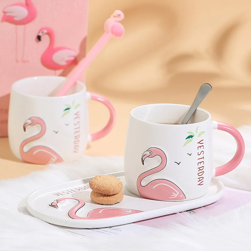 Тисненый Фламинго керамический набор кофейных чашек с послеобеденным чаем блюдо для закусок(1 чашка+ 1 тарелка+ 1 ложка