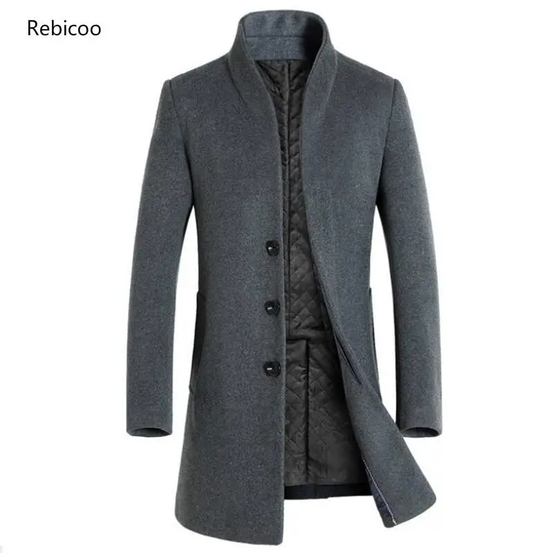 

2019 High Quality Classical Long Mens Wearing Autumn Wool & Blends Business Casual Male Pure color Stand Collar slim fit Jacket