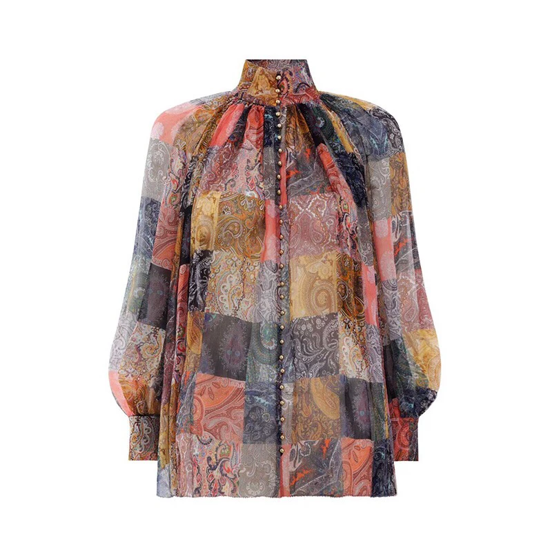 Vintage print CINEDDS, австралийская Мода 2020SS, шифоновая женская рубашка с принтом, брендовая, с квадратным рукавом, свободные блузы, рубашка - Цвет: Vintage print