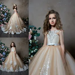 Champagne Flower Girl Dresses For Weddings Lace Appliqued Little Princess Ball Gowns Long Communion Dress Pageant Gown
