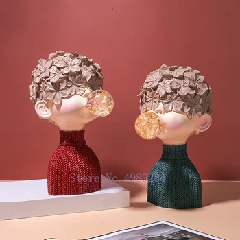 

Creativity Resin Abstract Character Sculpture Cartoon Bubble Gum Boy Children's Room Modern Home Decoration Miniature Figurines