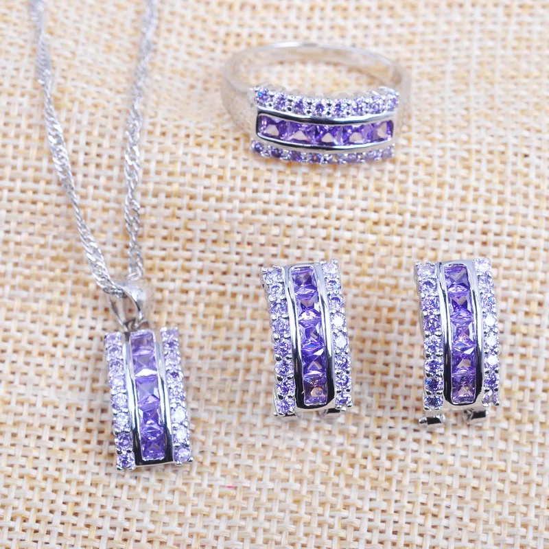 Natural 925 Silver Purple Crystal Jewelry Sets CZ Earrings Ring Necklace Feminia Accessories Jewellry TZ0143