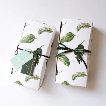 

10pcs Fresh Green Leaf Small Square Box Packaging Cookies Baking Candy Box Baking Gift Dessert Boxes for Festival Party