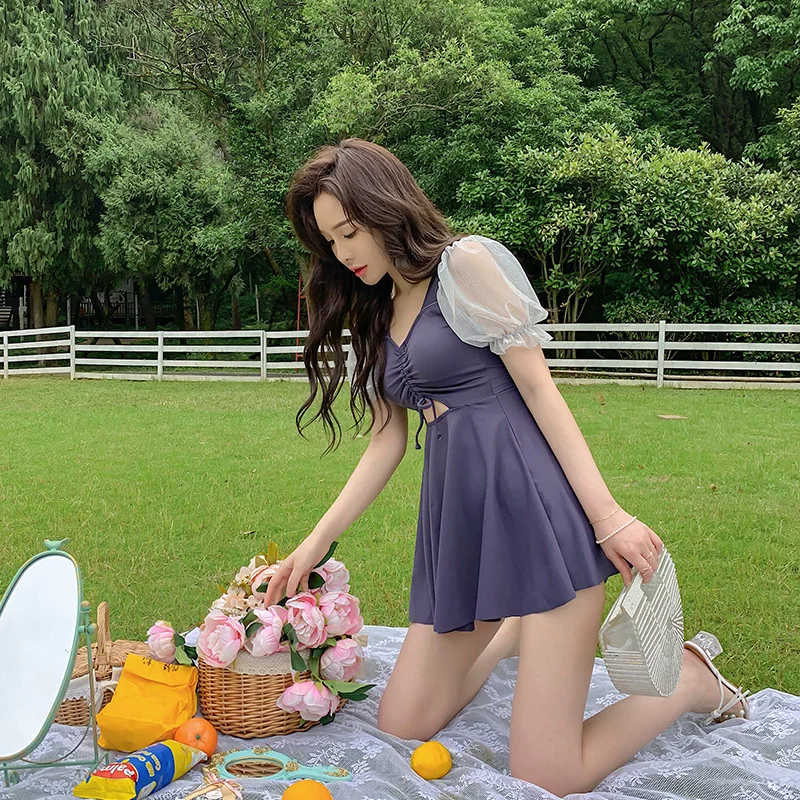 

One-piece Swimsuit, Short Sleeves, High Waist, Padded Skirt, Female, Nude Back