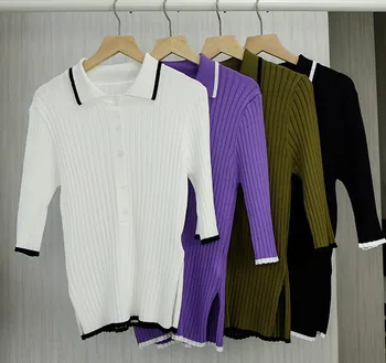 

2020 Spring and Summer French Knitted Sweater Half-sleeved Contrast Color Turn-down Collar Pullover Tops