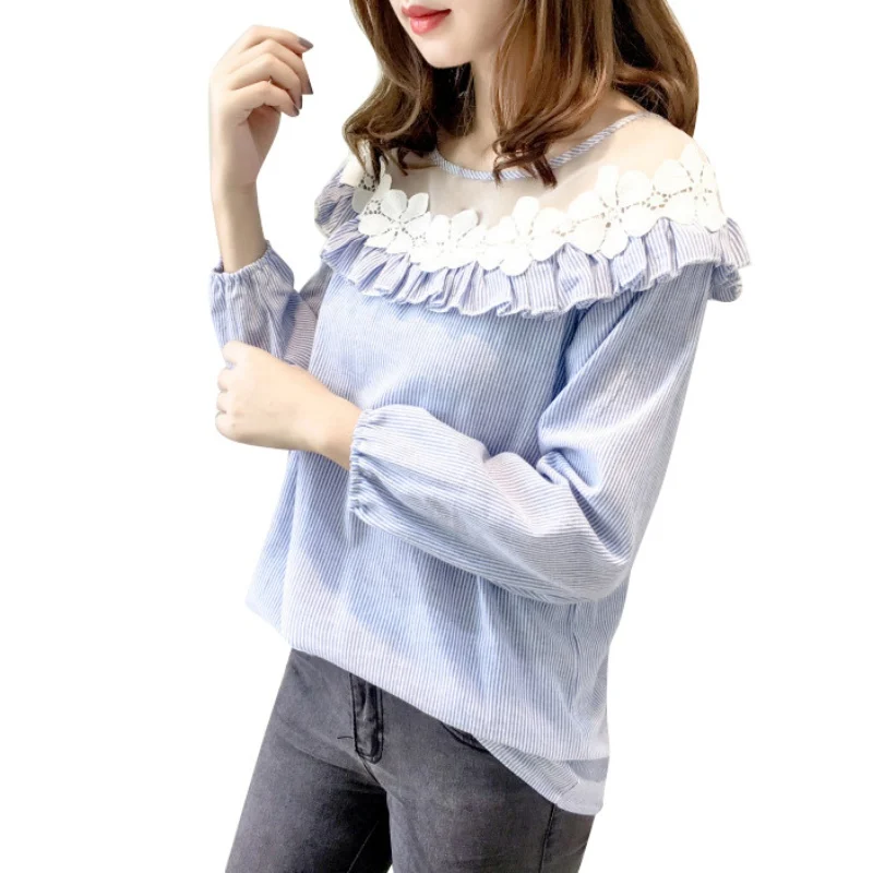 Women Blouse Elegant Bow Blue O Neck Female Blouse Shirt Sexy Summer  Girls Blouse Women Tops Striped Blusas