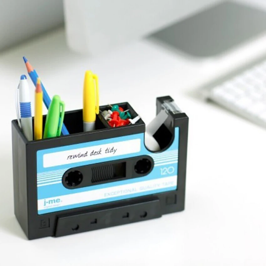 Retro Cassette Tape Dispenser Pen Holder Pencil Organizer Container Desk Pen Holder Tape Cutter Office Stationery Supplier