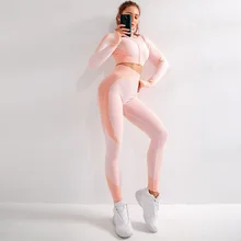 X-HERR для женщин Йога Комплект тренажерный зал тренировки одежда укороченный Топ с длинным рукавом на молнии спереди бесшовные обтягивающие Высокая талия дизайн