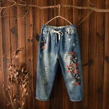 Женские джинсы большого размера, женские осенние повседневные штаны с вышивкой, Ретро стиль, эластичный пояс, с завязками, гарем, джинсы для женщин