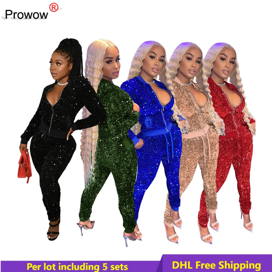 

PROWOW Sequins Two Piece Set Womens Outfits Fall Winter Clothes Jacket Pants 2pcs Matching Set Sexy Night Club Wear DHL 6063