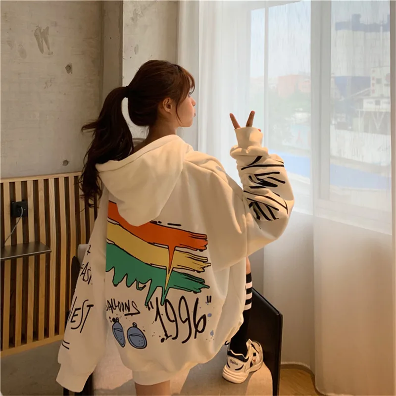 sudaderas blancas sueltas de manga larga de otouno con estampado de dibujos animados Harajuku con capucha ropa de calle Kwai