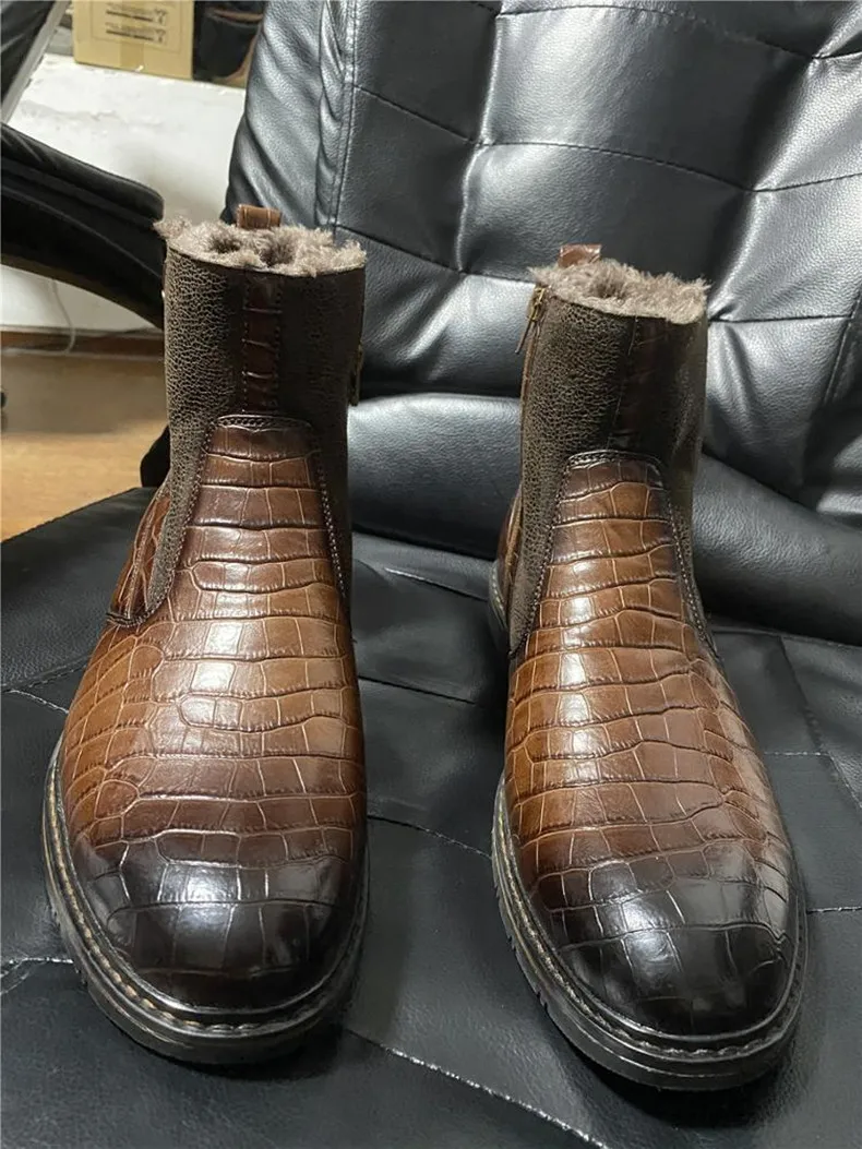 Men Genuine Leather Boots Fur Anckle Boots Plush Warm Winter Boots Genuine Leather Pointed Toe Boots Men Business Formal Boots (1)