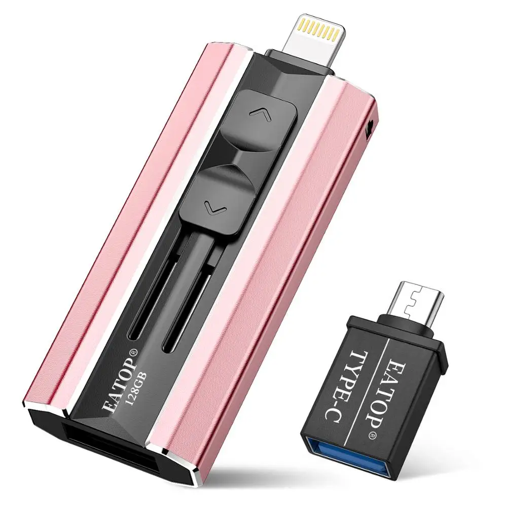 

USB3.0 Flash Drives 128 GB, iPhone Flash Drive with 4 Ports, Compatible for iPhone/iPad/MacBook/Android and Computer (Rose Gold)