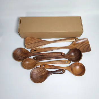 

7pcs Natural wood cutlery set Turner long rice colander soup skimmer cooking spoon scoop kitchen tool set