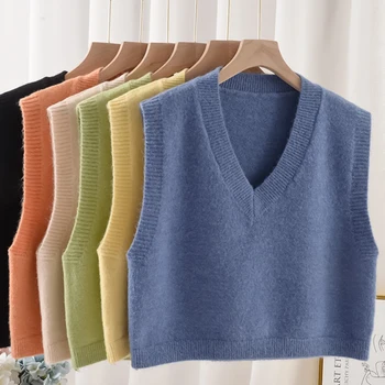 

Lucyever Loose Women Sweater Vest Autumn Winter Sleeveless Korean Knitted Shot Sweater Fashion V Neck Pullover Soft Vest 2020