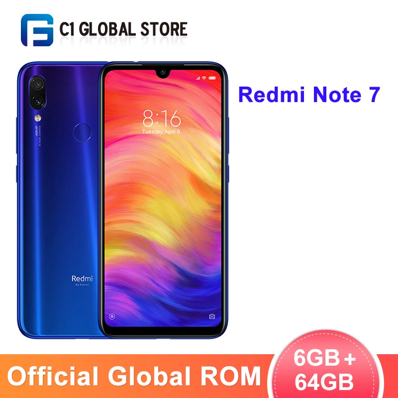 Мобильный телефон Xiaomi Redmi Note 7 с глобальной прошивкой, 6 ГБ, 64 ГБ, Восьмиядерный процессор Snapdragon 660, 6,3 дюйма, 19,5: 9, полный экран, 4000 мА/ч, камера заднего вида 48 МП