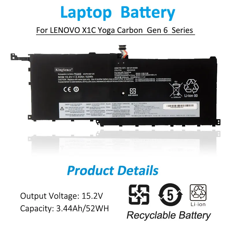 Kingsener 01av439 Bateria do Portátil para Lenovo Thinkpad x1 Carbono Gen 2022 x1 Yoga 1st2022 Sb10f46467 00hw029 00hw028 52wh Baterias p/ laptop - Imagem 2