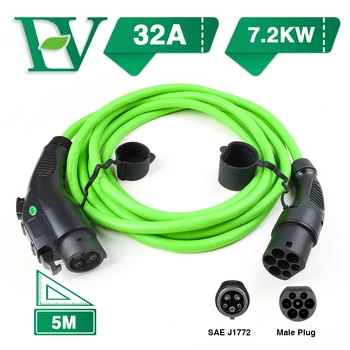 

EV Charging Cable 32A 7.2KW Electric Vehicle Cord for EVSE Car Charger Station Type1 to 2 SAE J1772 5M Green Straight black plug