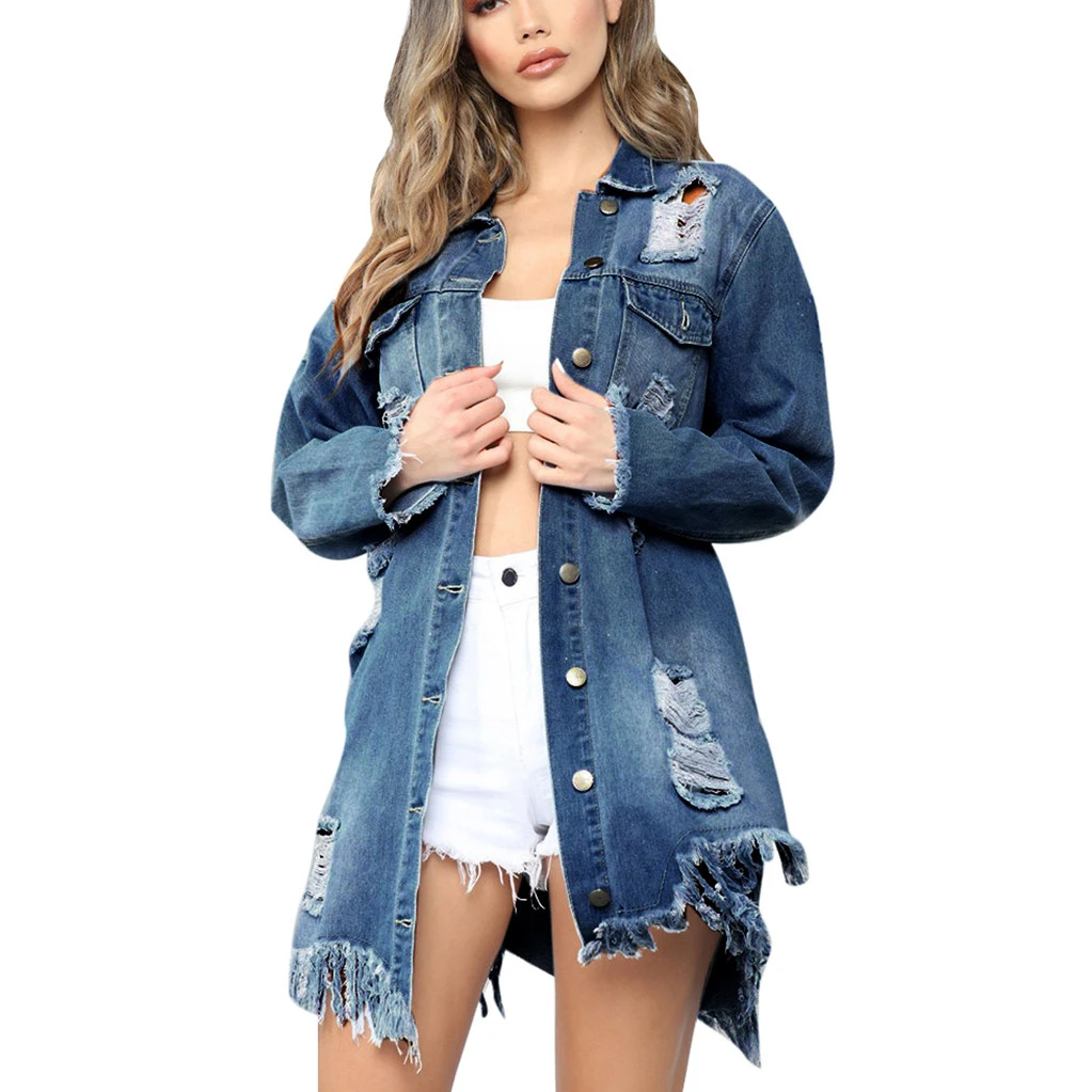 CHAMSGEND Denim Jacket Women Autumn Coat Hole Open Front Jean Outerwear Coats Windbreaker Button Baggy Female Jeans 1030 | Женская