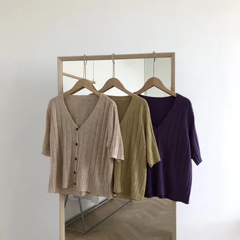

2020 Summer New Korean V-neck Short Knitted Cardigan Women Coat