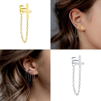 

BOAKO 925 Sterling Silver Cross Wowmn Earring Chain Stud Earrings Puncture Pendientes Cruz Oorbellen For Anniversary Party