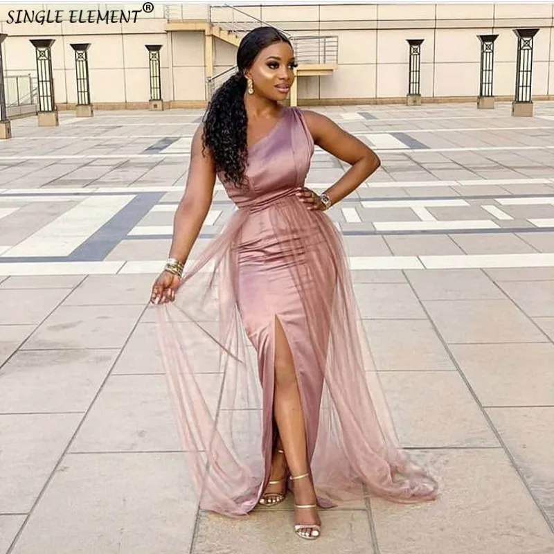 

Promotion One Shoulder Side Slit Floor Length Pretty Satin Mermaid Bridesmaid Dresses For Party Wedding