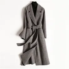 Зимнее высококачественное женское Шерстяное двухстороннее шерстяное пальто средней длины в Корейском стиле, новинка, Осеннее Полосатое кашемировое пальто на шнуровке