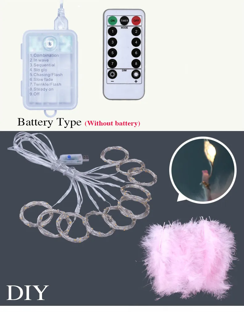 US $18.90 Feather String Led Lights Decoration Fairy String Light AA Battery Powered Remote Control Decor Bedroom Living Room Curtain