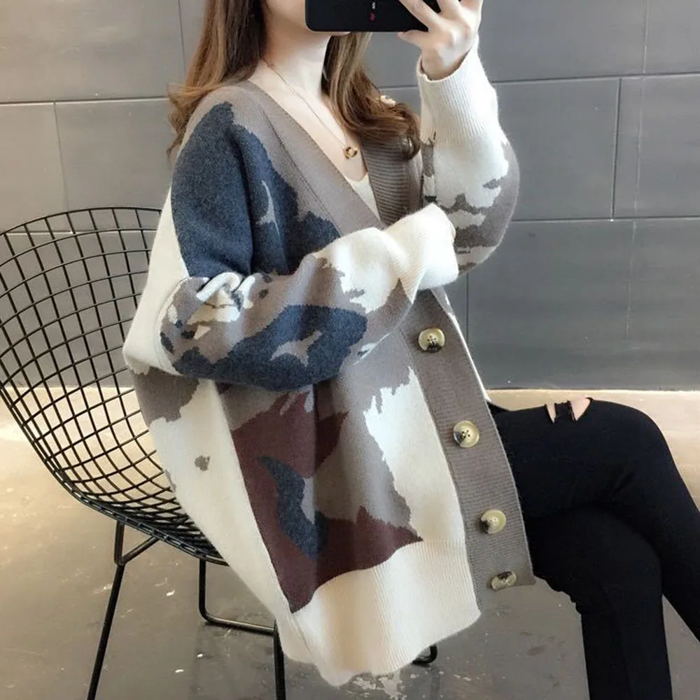 

2020 New Autumn Spring Women Sweater Cardigans Casual Warm Long Design Female Knitted Sweater Printed Cardigan Sweater