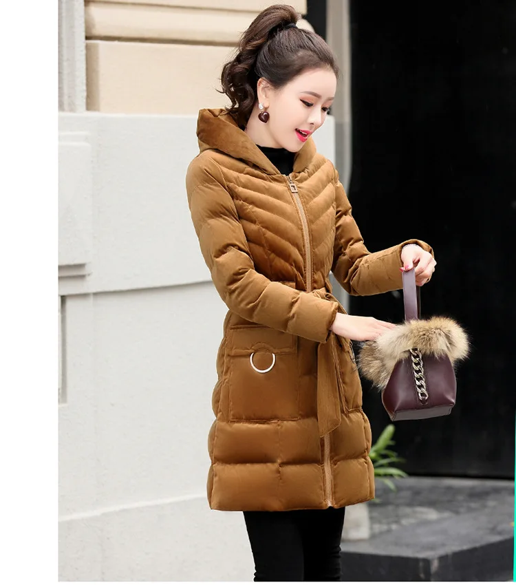 Бренд Для женщин платье Новинка зимы Стиль пуховик Для женщин средней длины для маленьких девочек; талия на шнуровке облегающие куртки-пуховики на утином пуху с теплым капюшоном пальто