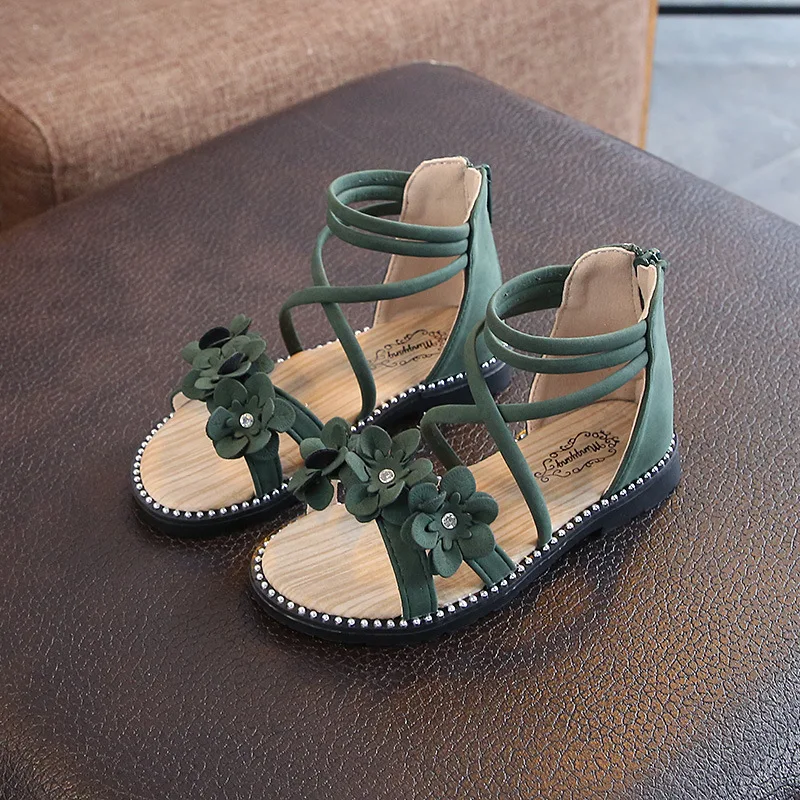 2020 New Fashion Flowers Rhinestone Leather Summer Childrens Big Kids Soft Bottom Girls Beach Shoes 4 5 6 7 8 9 10 11 12 Years