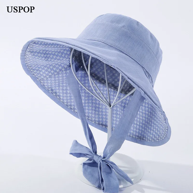 

USPOP 2020 women bucket hats cotton lace-up sun hats female bow-knot bucket hat flat top breathable summer hats anti-uv cap