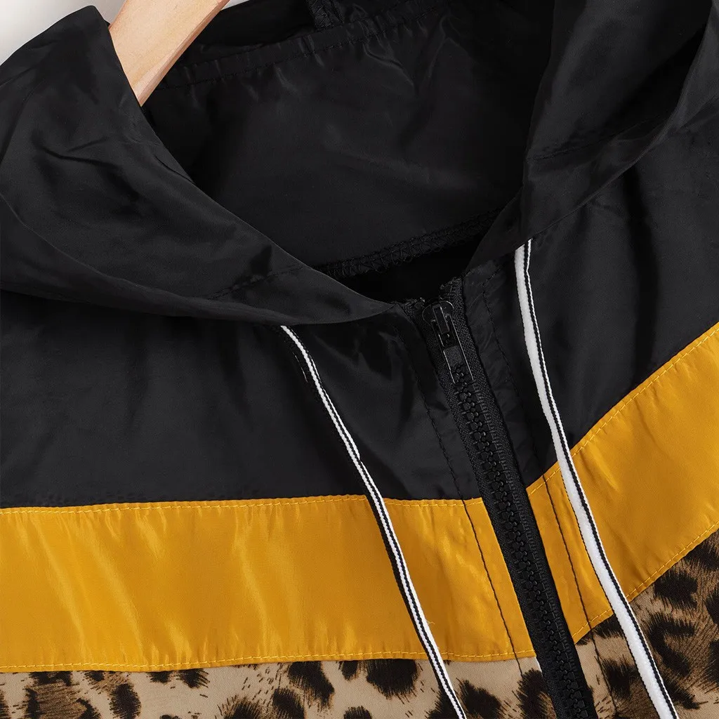 JAYCOSIN Женская Повседневная куртка с длинными рукавами и капюшоном на молнии с карманами, контрастный цвет, леопардовая ветровка, тонкая верхняя одежда, пальто