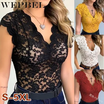

WEPBEL Summer Fashion Women Bodysuit Sexy Lace Shirt See-through Slim Fit Tops Plus Size Deep V-neck Temperament Top Size S-5XL
