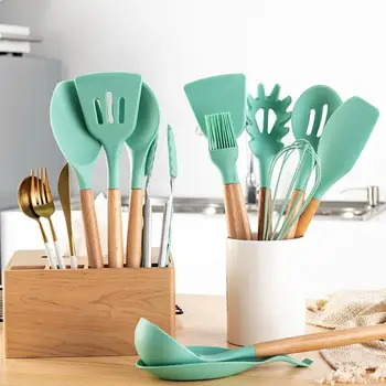 

12pcs Silicone Cooking Utensils Set Non-stick Spatula Shovel Wooden Handle Cooking Bake Tools Set With Storage Box Kitchen Tool