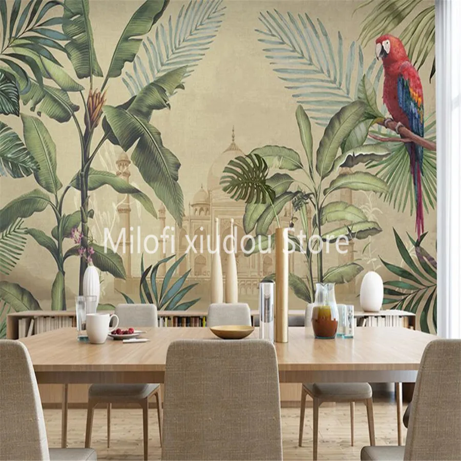 

Milofi Custom 3D Wallpaper Mural Southeast Asia Green Banana Leaf Medieval Castle Living Room Bedroom Background Wall Decoration