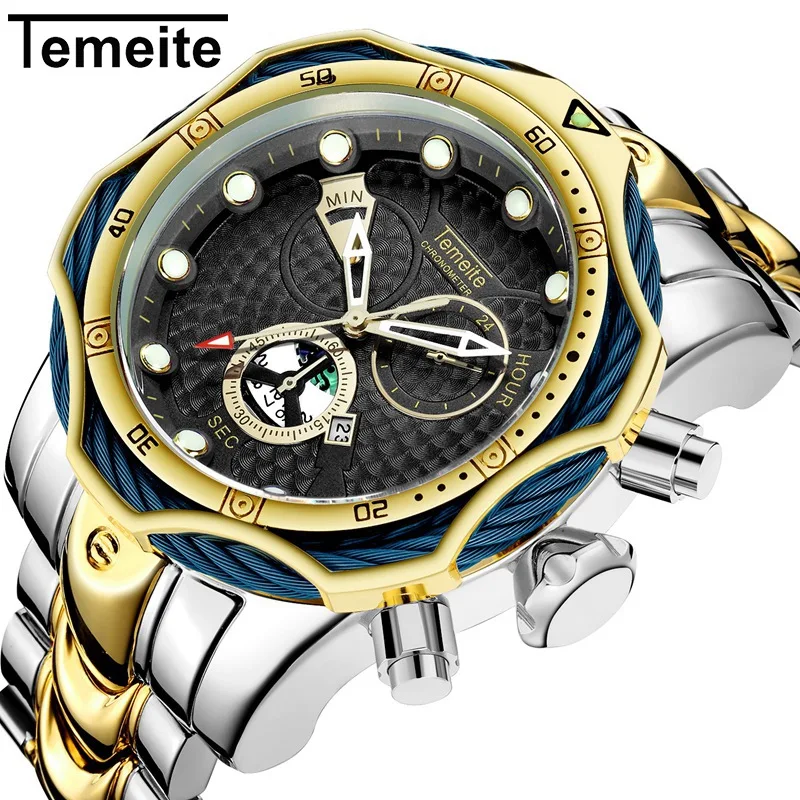 

TEMEITE Mens Sport Waterproof Luminous Quartz Watch Mens Stainless Steel Date Display Fashion causal Clock Relogio Masculino