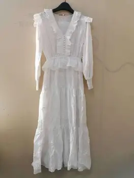 

V-neck ruffled embroidered women dress high waist cotton temperament lady midi dress