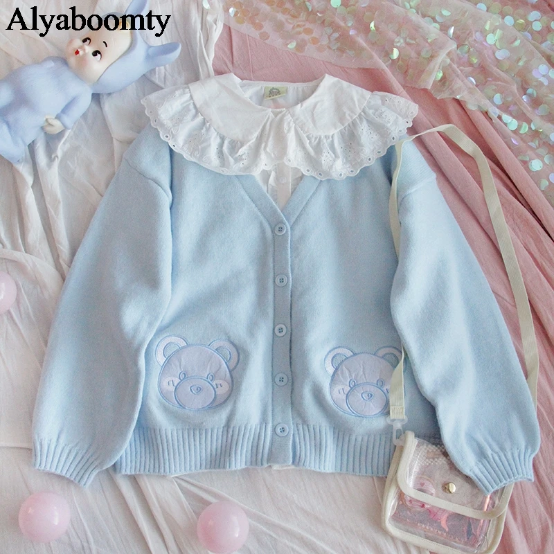 Colegial japonés estilo primavera y otoño de las mujeres suéter oso azul/Rosa Animal de prendas de vestir exteriores lindo Kawaii Mori chica dulce chaqueta