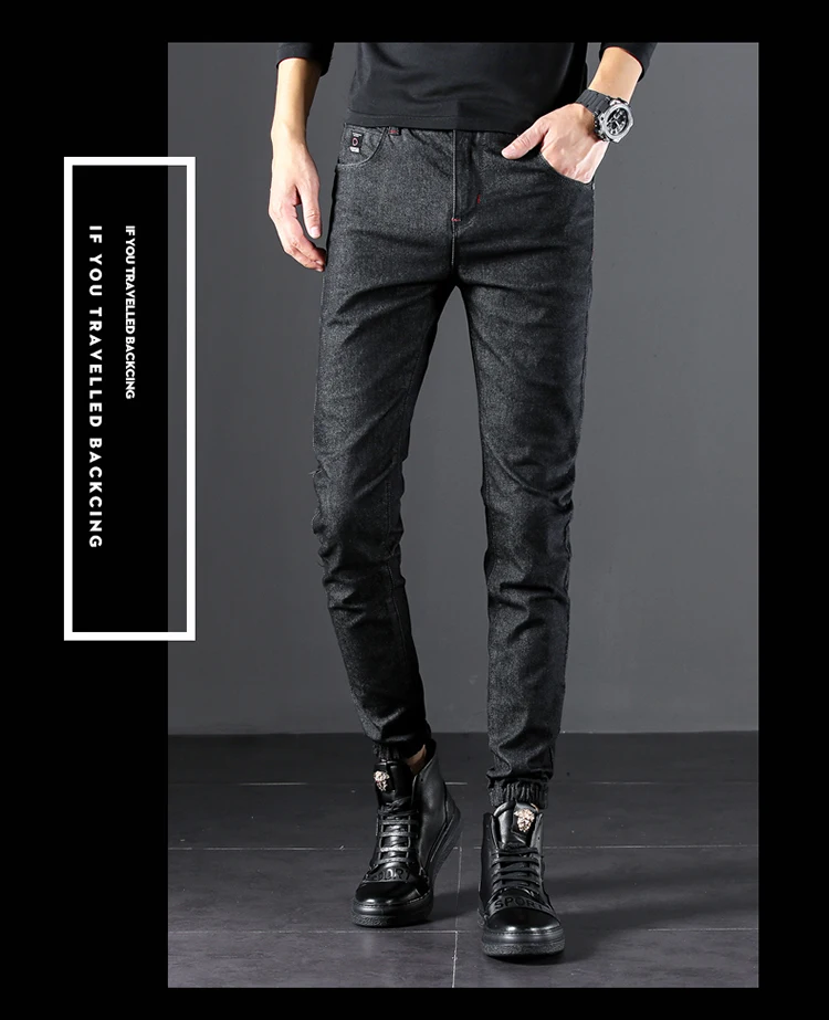 Синие Черные мужские джинсы вымытые джинсовые брюки высокого качества с эластичной резинкой на талии подвязанная Лодыжка стрейч повседневные облегающие мужские джинсы homme