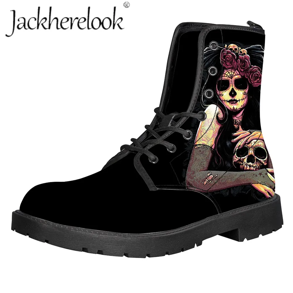 

Jackherelook Sugar Skull Print Ladies Leather Black Boots Ankle Winter Cowboy Boot Women Lace-up Shoes Botas Mujer Invierno 2019